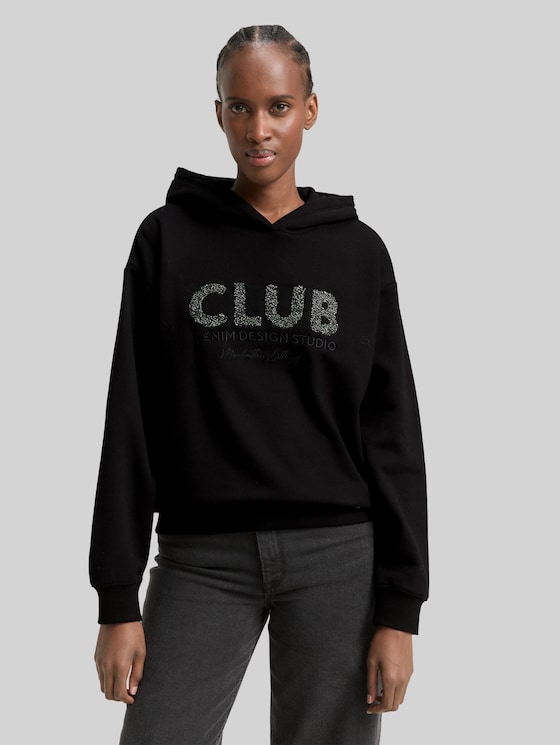 Oversized hoodie Sweatshirt with glitter appliqué - deep black
