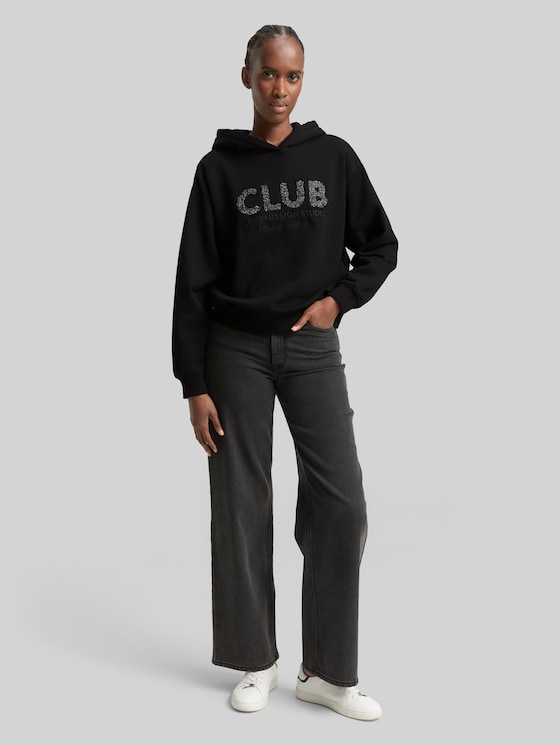 Oversized hoodie Sweatshirt with glitter appliqué - deep black