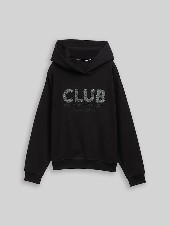 Oversized hoodie Sweatshirt with glitter appliqué - deep black