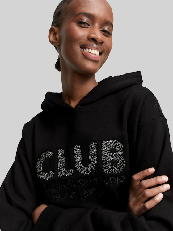 Oversized hoodie Sweatshirt with glitter appliqué - deep black
