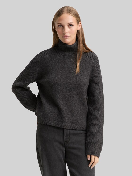 Relaxed fit knitted jumper with stand-up collar - Shale Grey Melange