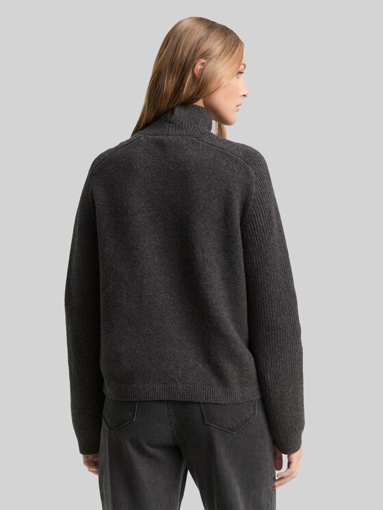 Relaxed fit knitted jumper with stand-up collar - Shale Grey Melange