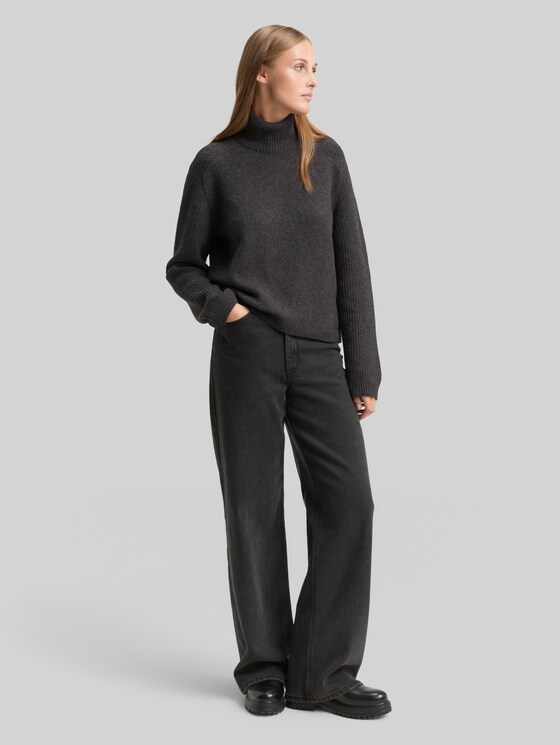 Relaxed fit knitted jumper with stand-up collar - Shale Grey Melange