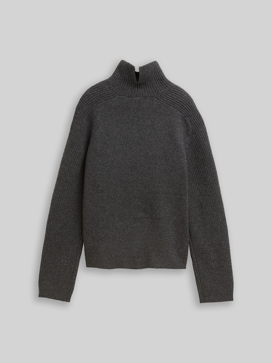 Relaxed fit knitted jumper with stand-up collar - Shale Grey Melange