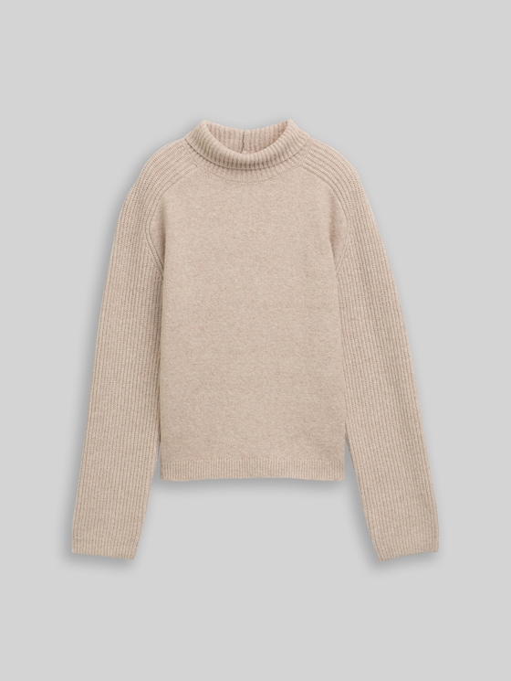 Relaxed fit knitted jumper with stand-up collar - cosy beige melange