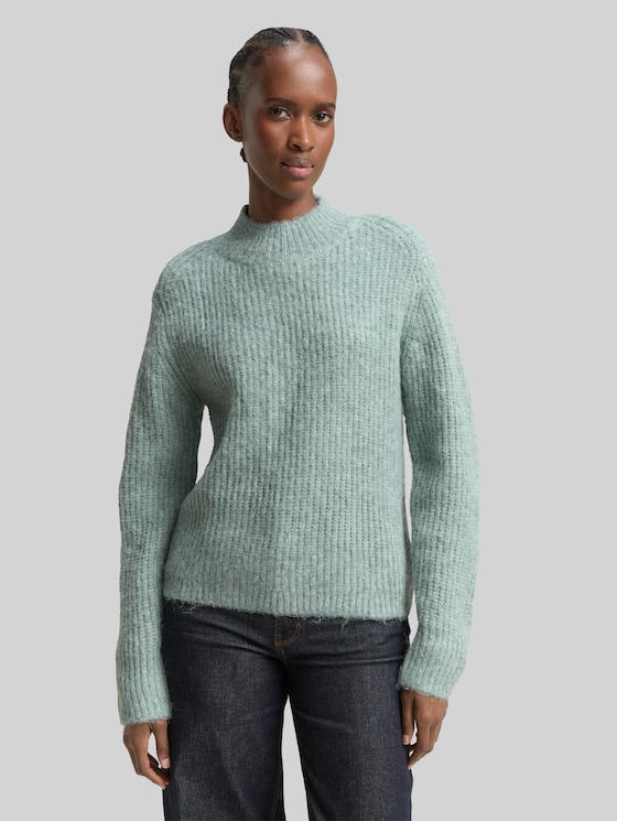 Relaxed fit knitted jumper with stand-up collar - Silver Cloud Blue Melange