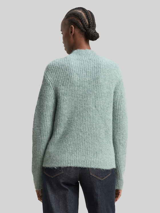 Relaxed fit knitted jumper with stand-up collar - Silver Cloud Blue Melange