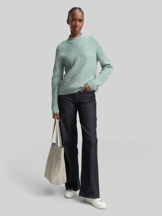 Relaxed fit knitted jumper with stand-up collar - Silver Cloud Blue Melange