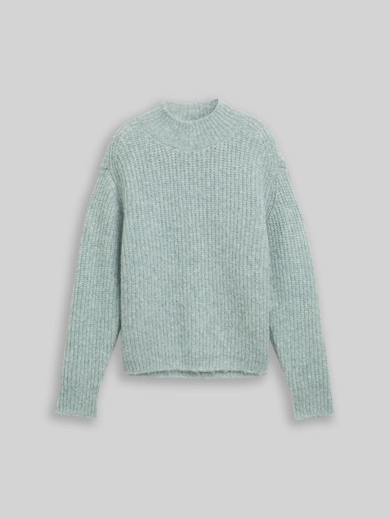 Relaxed fit knitted jumper with stand-up collar - Silver Cloud Blue Melange