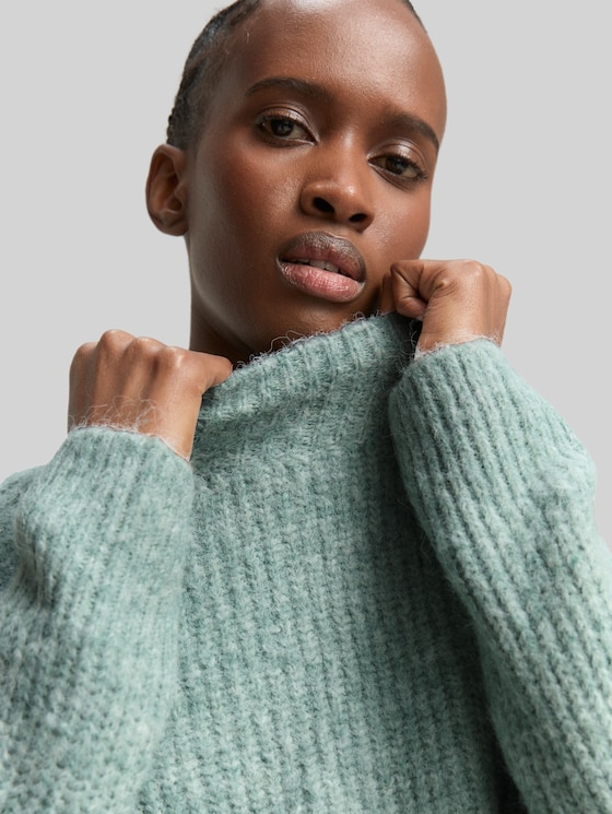 Relaxed fit knitted jumper with stand-up collar - Silver Cloud Blue Melange