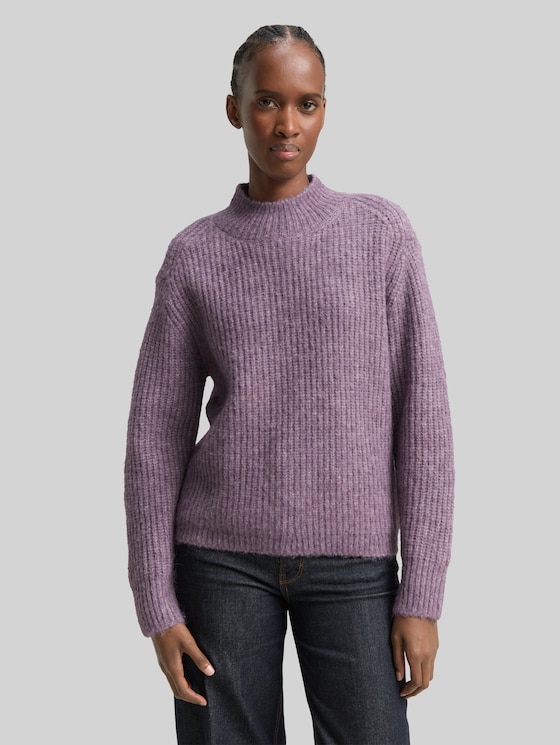 Relaxed fit knitted jumper with stand-up collar - dark lavender melange