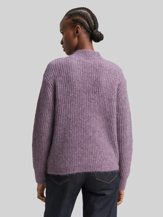 Relaxed fit knitted jumper with stand-up collar - dark lavender melange