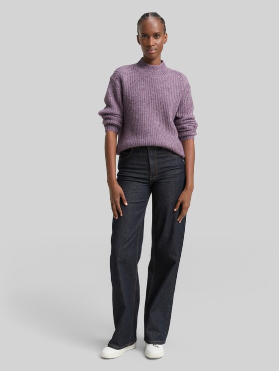 Relaxed fit knitted jumper with stand-up collar - dark lavender melange