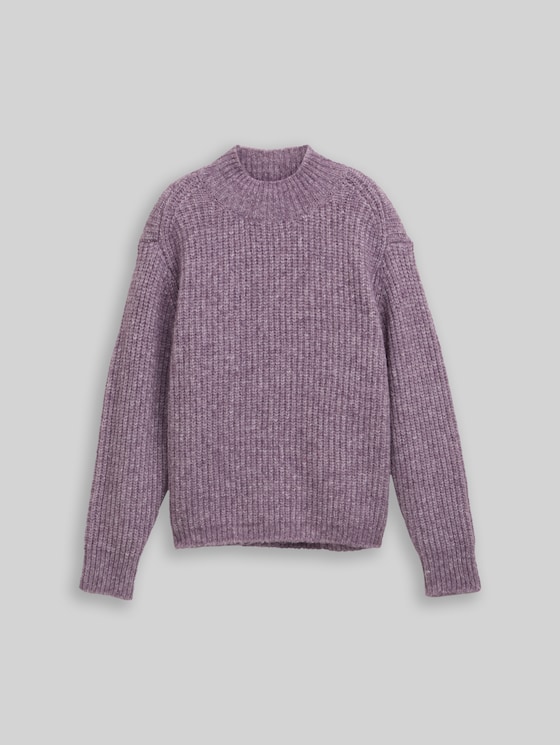 Relaxed fit knitted jumper with stand-up collar - dark lavender melange