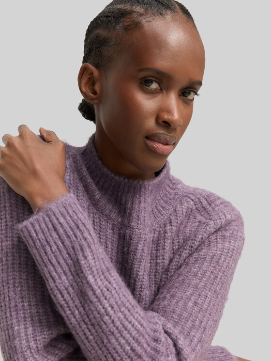 Relaxed fit knitted jumper with stand-up collar - dark lavender melange