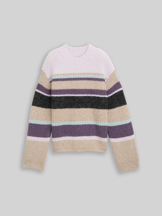Relaxed fit knitted jumper with striped pattern - beige lilac multicolor stripe