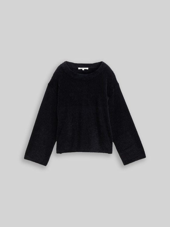 Knitted jumper in feather yarn - deep black