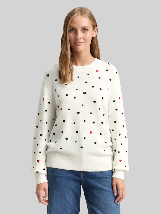 Relaxed fit knitted jumper with embroidery - white black dots and hearts