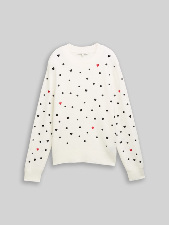 Relaxed fit knitted jumper with embroidery - white black dots and hearts