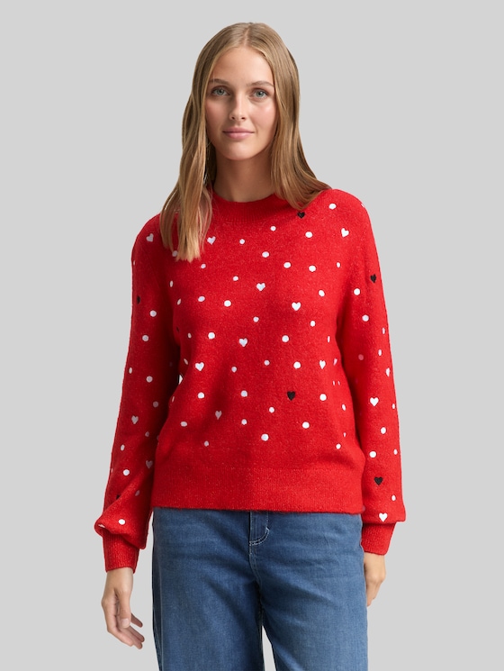 Relaxed fit knitted jumper with embroidery - red with hearts