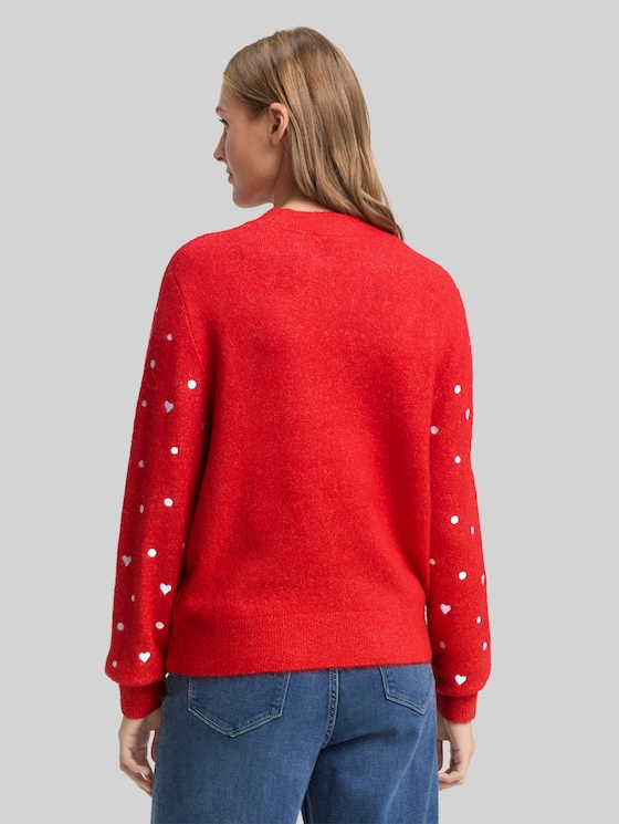 Relaxed fit knitted jumper with embroidery - red with hearts