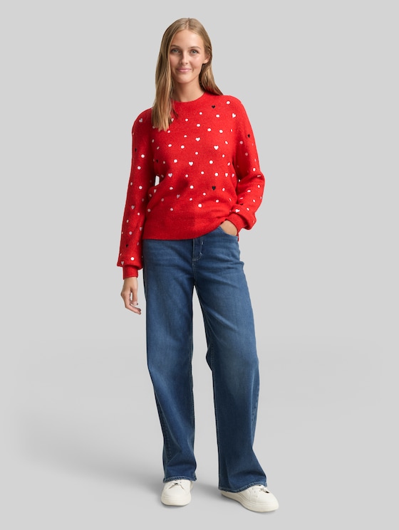 Relaxed fit knitted jumper with embroidery - red with hearts