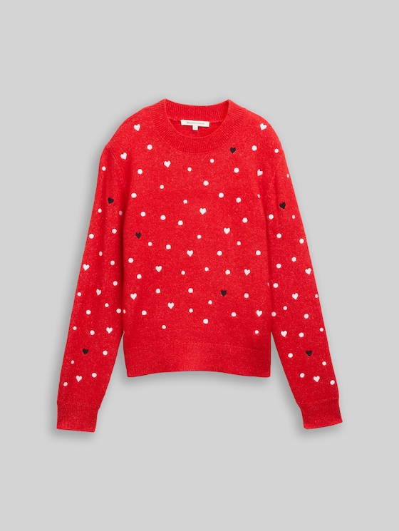 Relaxed fit knitted jumper with embroidery - red with hearts