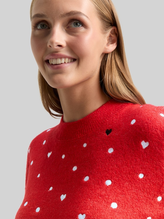 Relaxed fit knitted jumper with embroidery - red with hearts