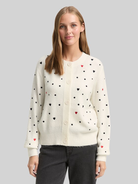 Relaxed fit cardigan with embroidery - white black dots and hearts