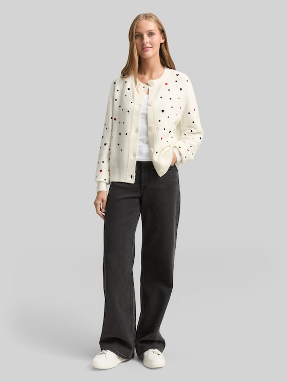 Relaxed fit cardigan with embroidery - white black dots and hearts