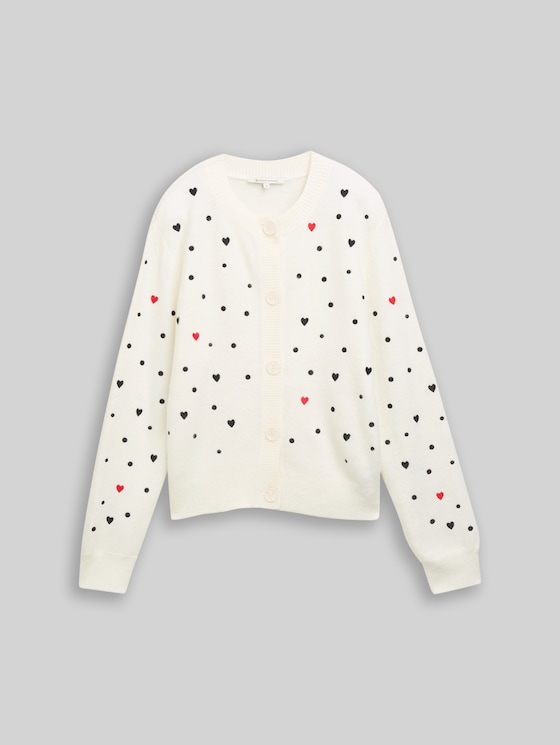 Relaxed fit cardigan with embroidery - white black dots and hearts