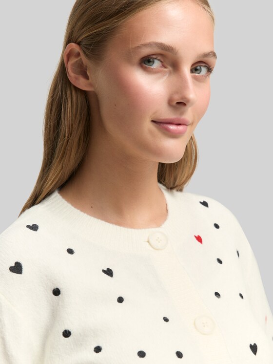 Relaxed fit cardigan with embroidery - white black dots and hearts
