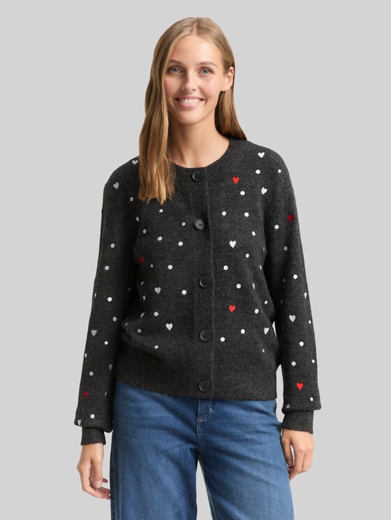 Relaxed fit cardigan with embroidery - grey white dots and hearts
