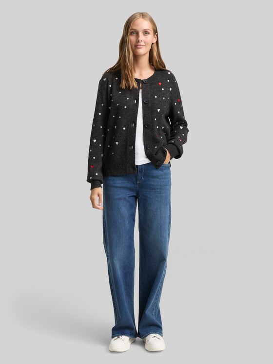 Relaxed fit cardigan with embroidery - grey white dots and hearts