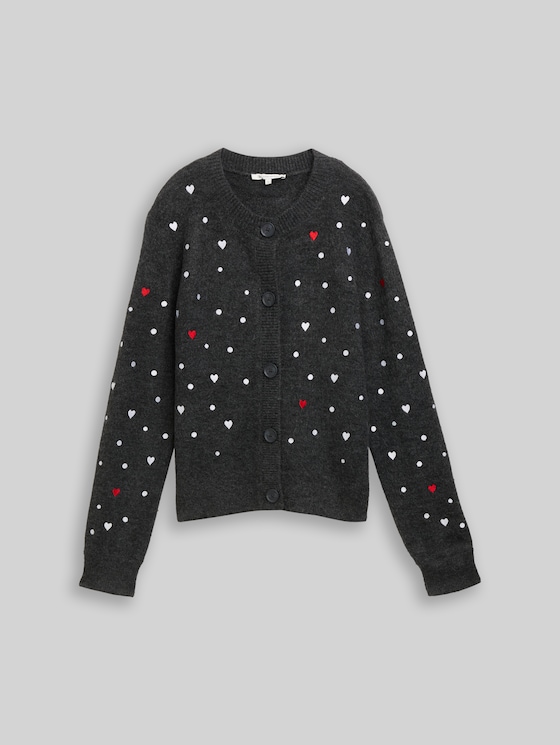 Relaxed fit cardigan with embroidery - grey white dots and hearts