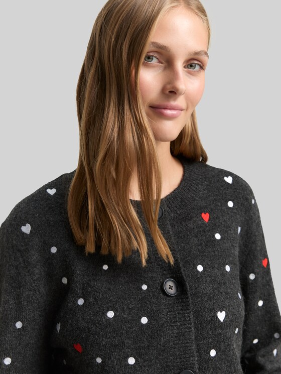 Relaxed fit cardigan with embroidery - grey white dots and hearts