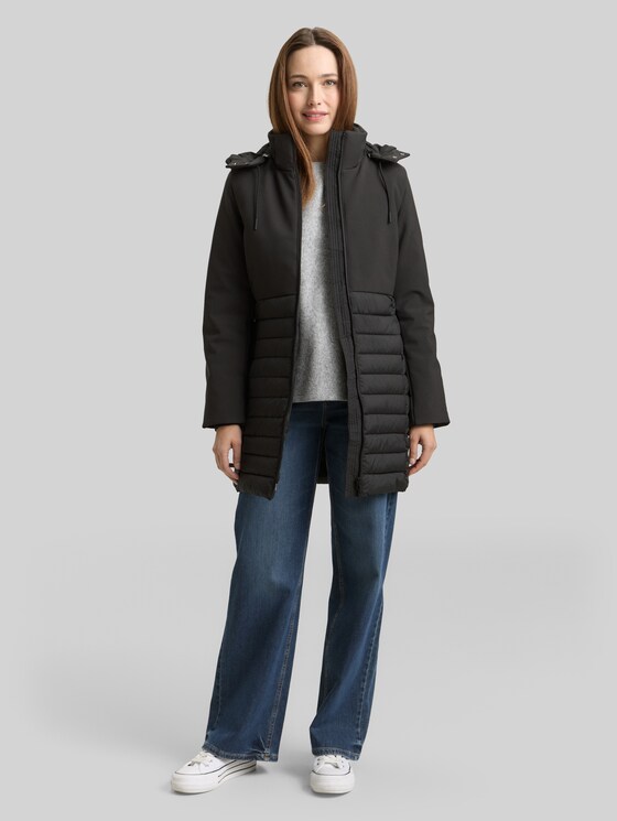 Softshell hybrid quilted coat with hood - deep black