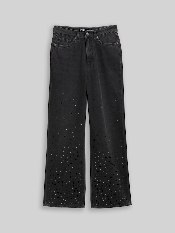 TTLINOU WIDE Jeans with rhinestones - black stone wash denim