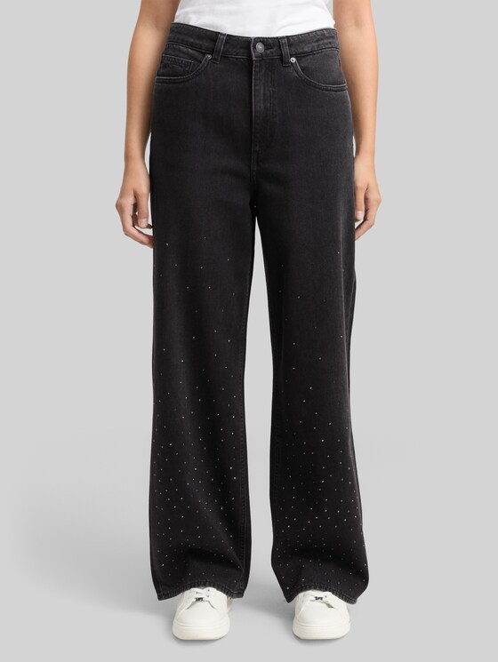 TTLINOU WIDE Jeans with rhinestones - black stone wash denim