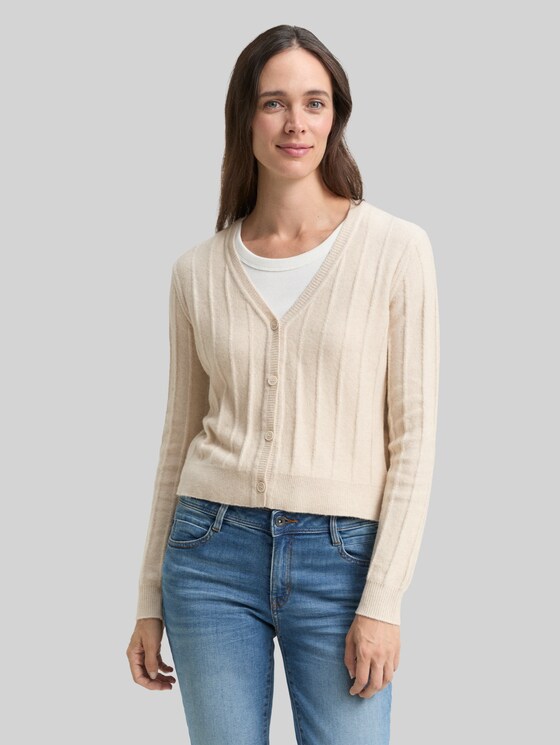 Ribbed cardigan with wool content - sand stone beige melange