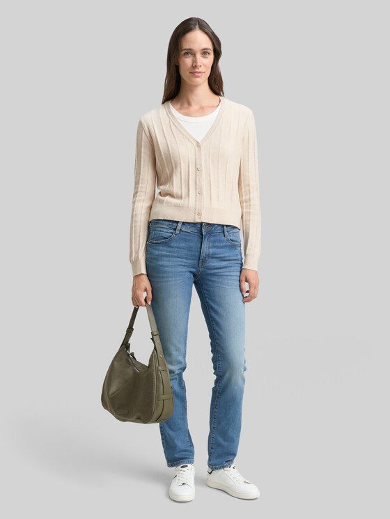 Ribbed cardigan with wool content - sand stone beige melange