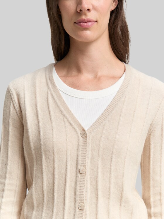 Ribbed cardigan with wool content - sand stone beige melange