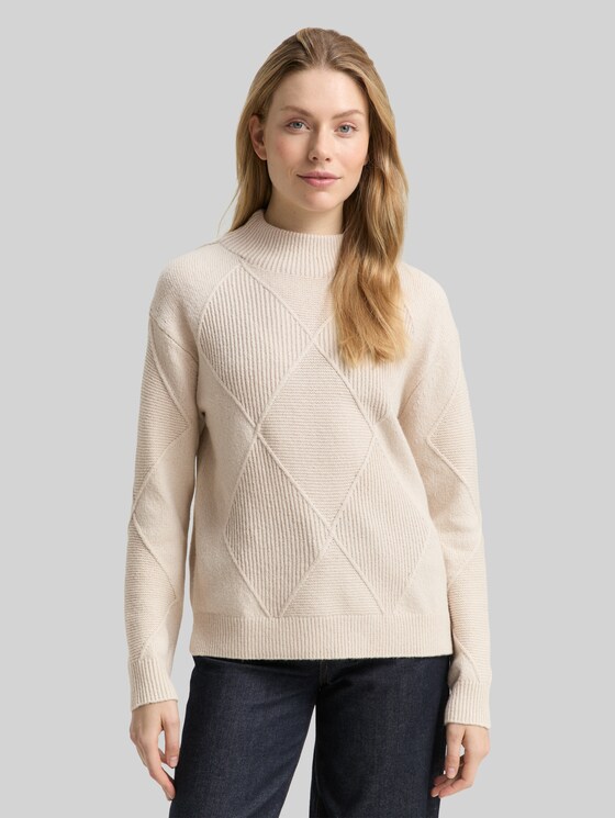 Loose fit knitted jumper with stand-up collar - sand stone beige