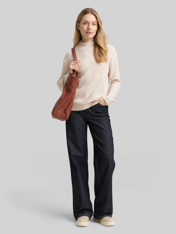 Loose fit knitted jumper with stand-up collar - sand stone beige