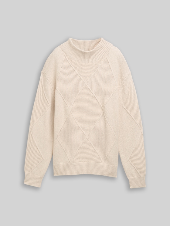 Loose fit knitted jumper with stand-up collar - sand stone beige