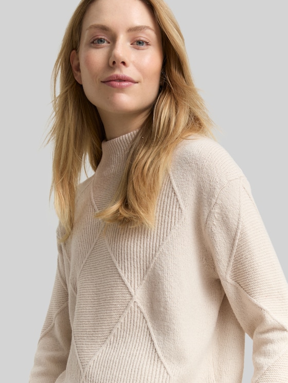 Loose fit knitted jumper with stand-up collar - sand stone beige