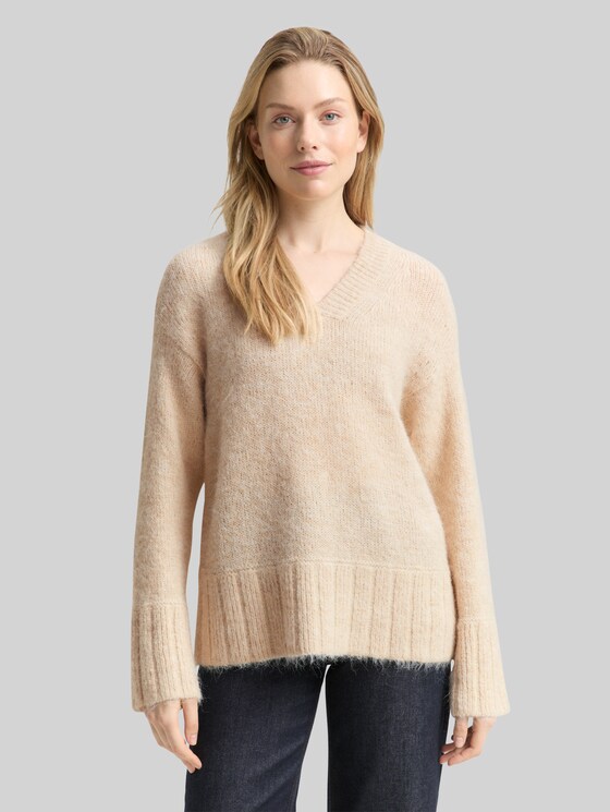 Oversized knitted jumper with wool content - sand stone beige melange
