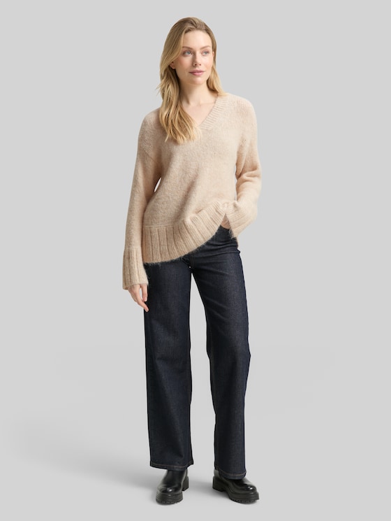 Oversized knitted jumper with wool content - sand stone beige melange