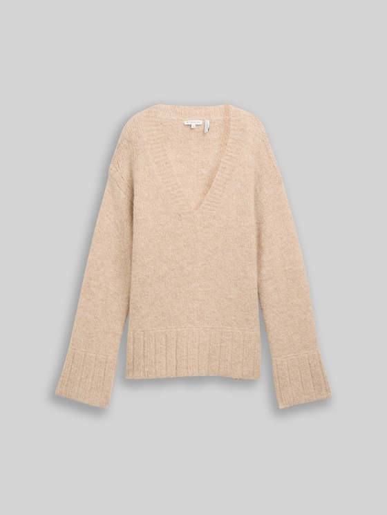 Oversized knitted jumper with wool content - sand stone beige melange