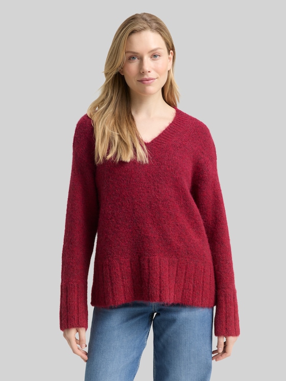 Oversized knitted jumper with wool content - rumba red melange